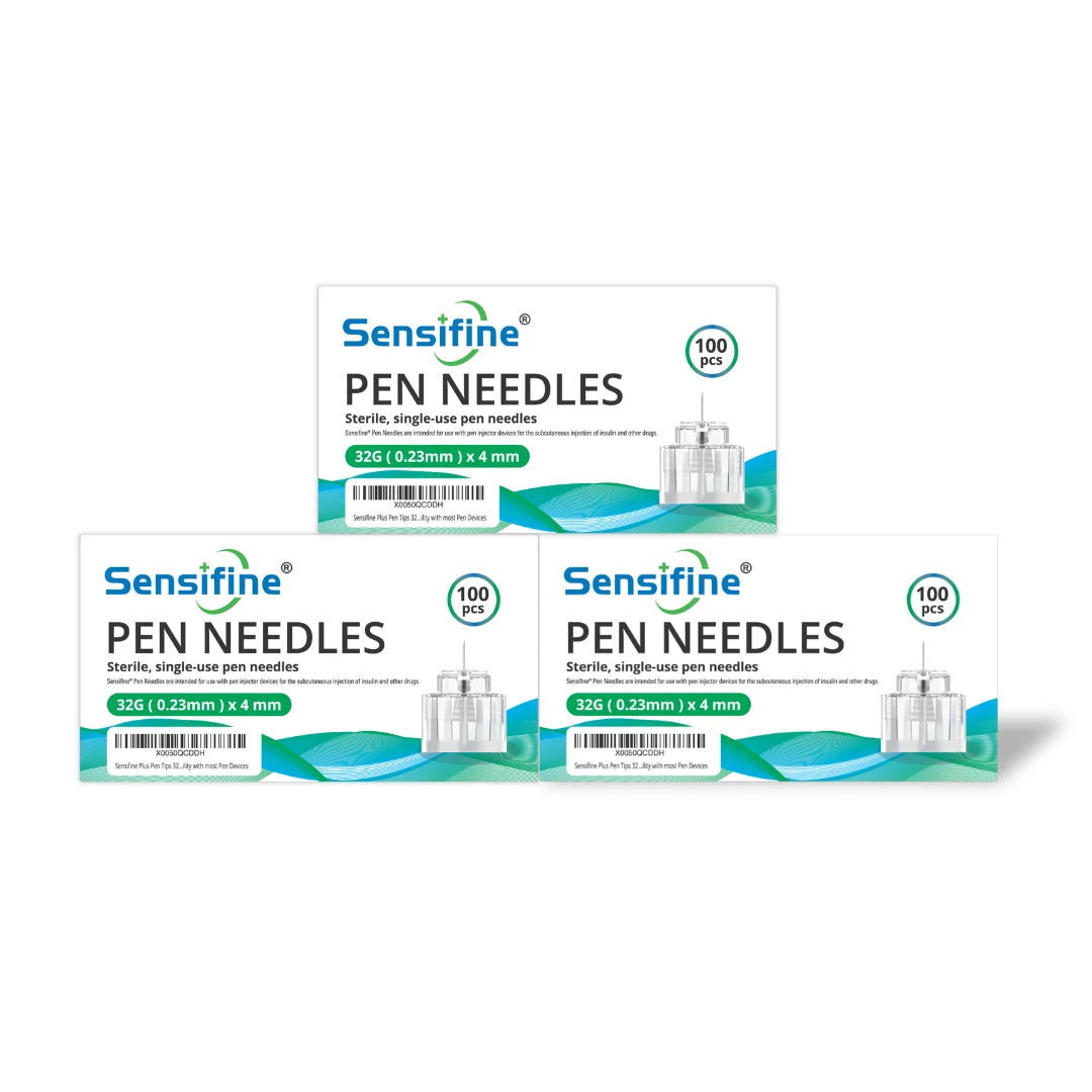 Buy Sensifine Plus Pen Needles online: a bundle containing 3 packs (100 needles per pack), for a total of 300 needles.
