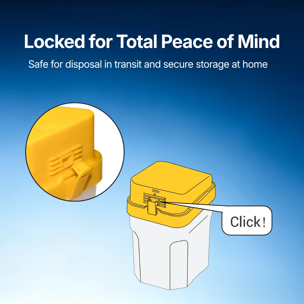 Yellow lock mechanism on a container with text about security and peace of mind.