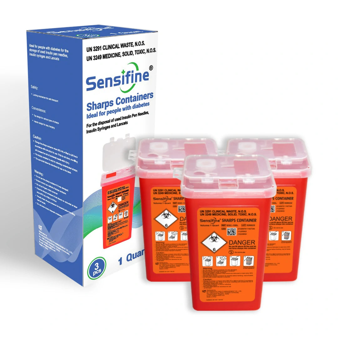 A 3-pack of 1-quart Sensifine sharps containers—ideal for long-term diabetes care.