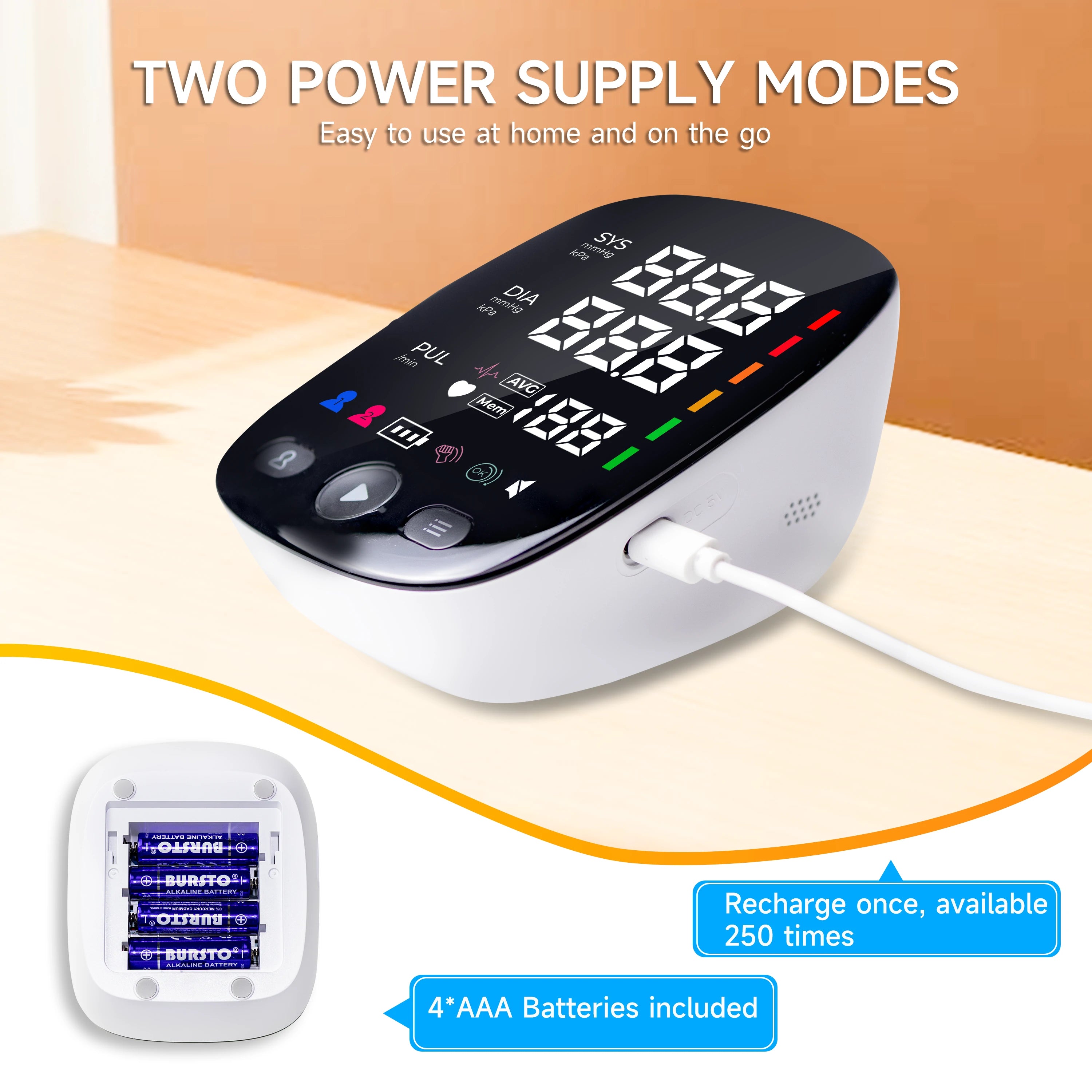 Dual power supply options for the Sensifine monitor including USB power port and 4 AAA battery compartment for flexible use