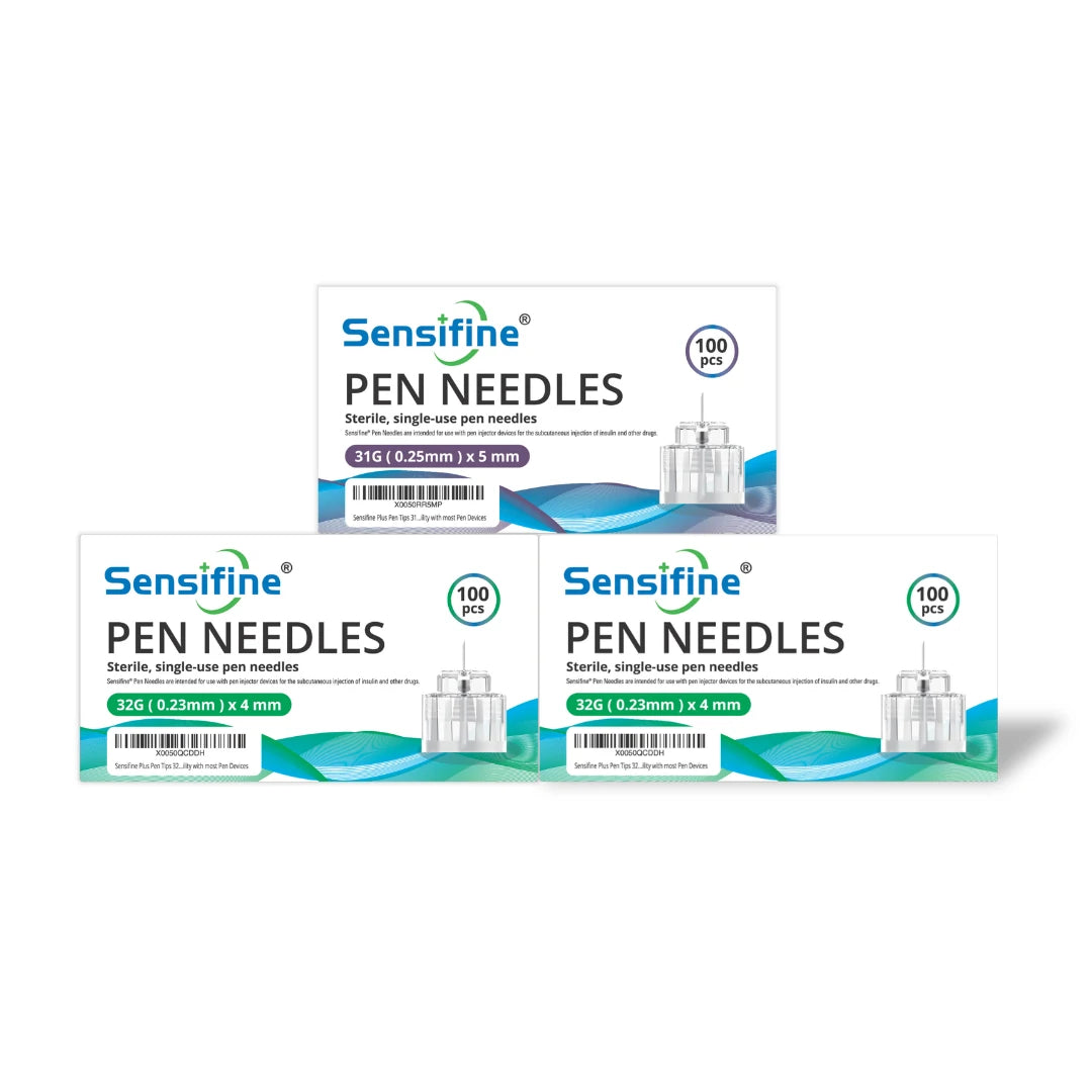 Sensifine Plus Pen Needles mixed pack: 2 packs of 32G × 4mm, 1 pack of 31G × 5mm