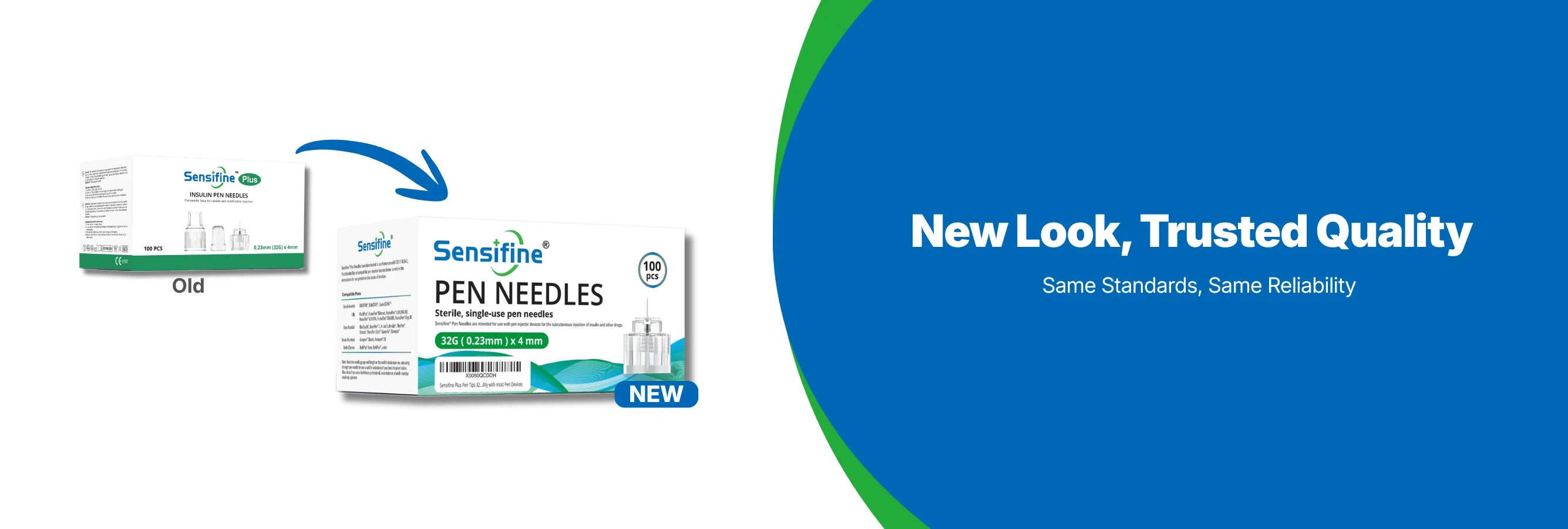 This image illustrates that Sensifine updated its product packaging in 2026, featuring the message: "New Look, Trusted Quality. Same Standards, Same Reliability."