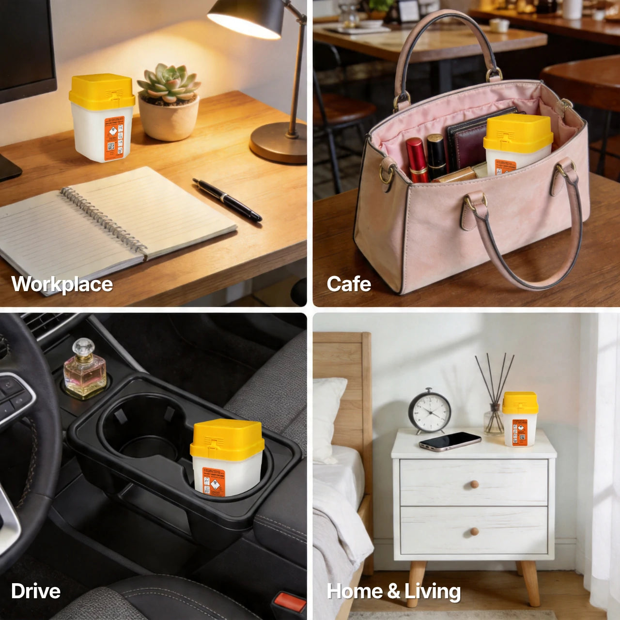 A collage showcasing the Sensifine 0.2L sharps container in various settings, including a desk, a café, a car, and a home.