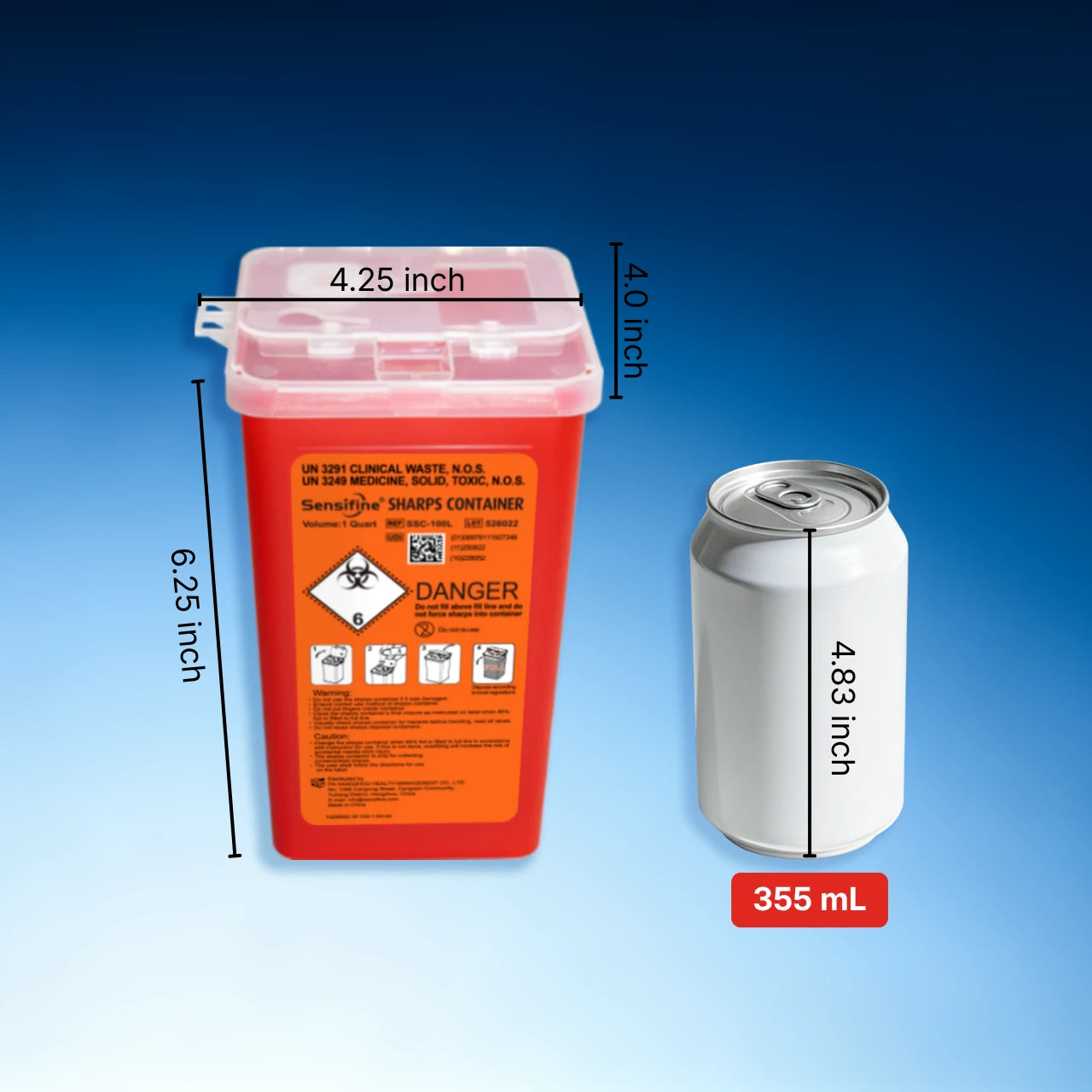 Red sharps container with measurements and a silver can for scale on a blue background
