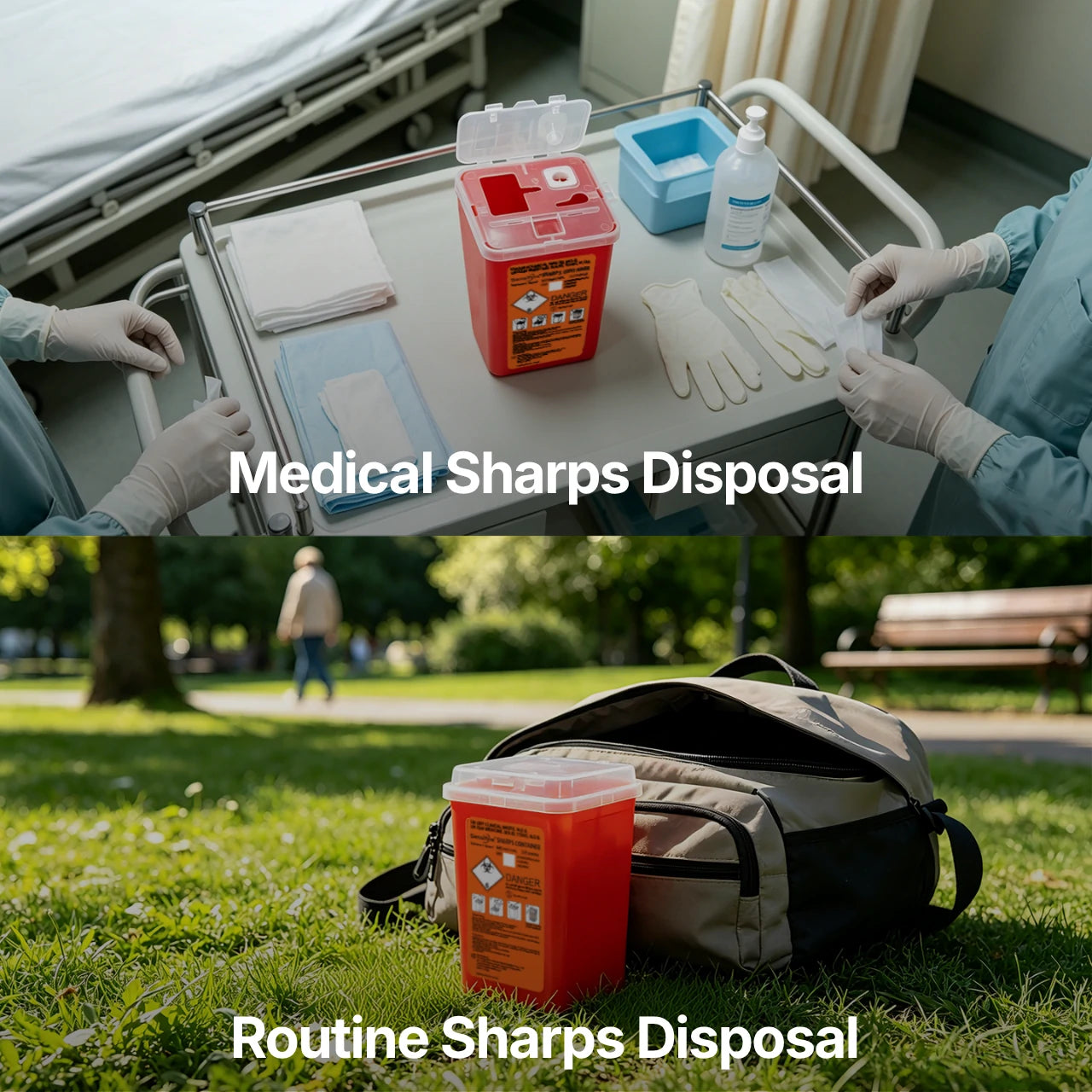 The image above illustrates how a sharps container is used to dispose of medical sharps, while the image below demonstrates its use in everyday life for the disposal of household sharps.