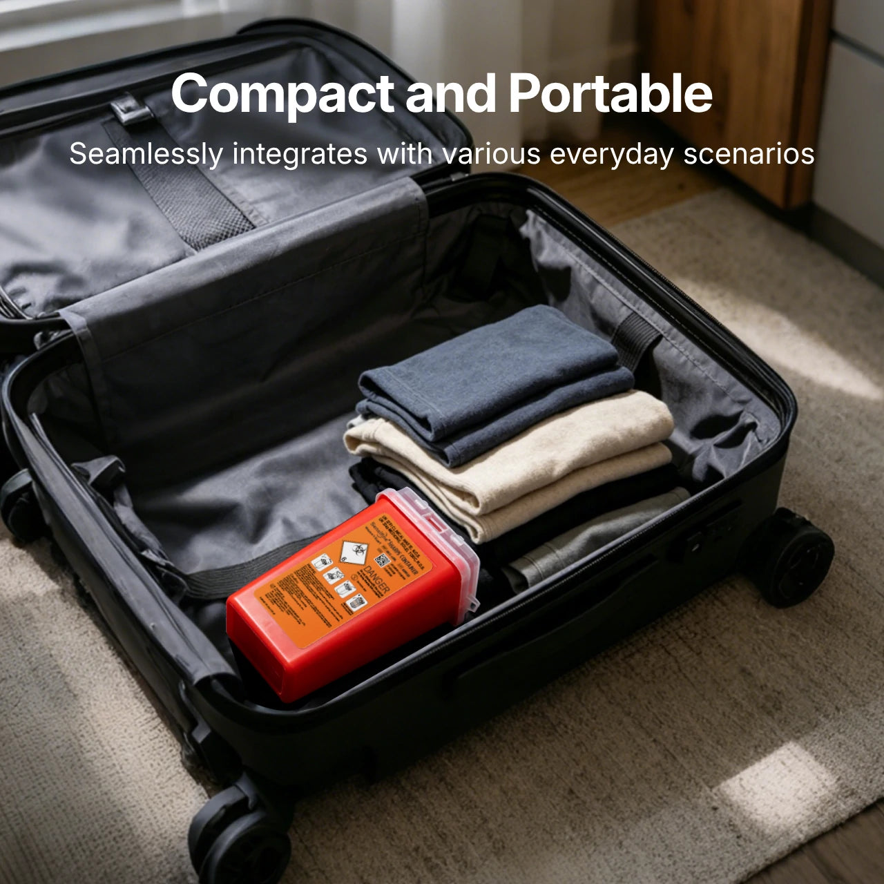 Open suitcase with folded clothes and a red sharps container, labeled 'Compact and Portable'.
