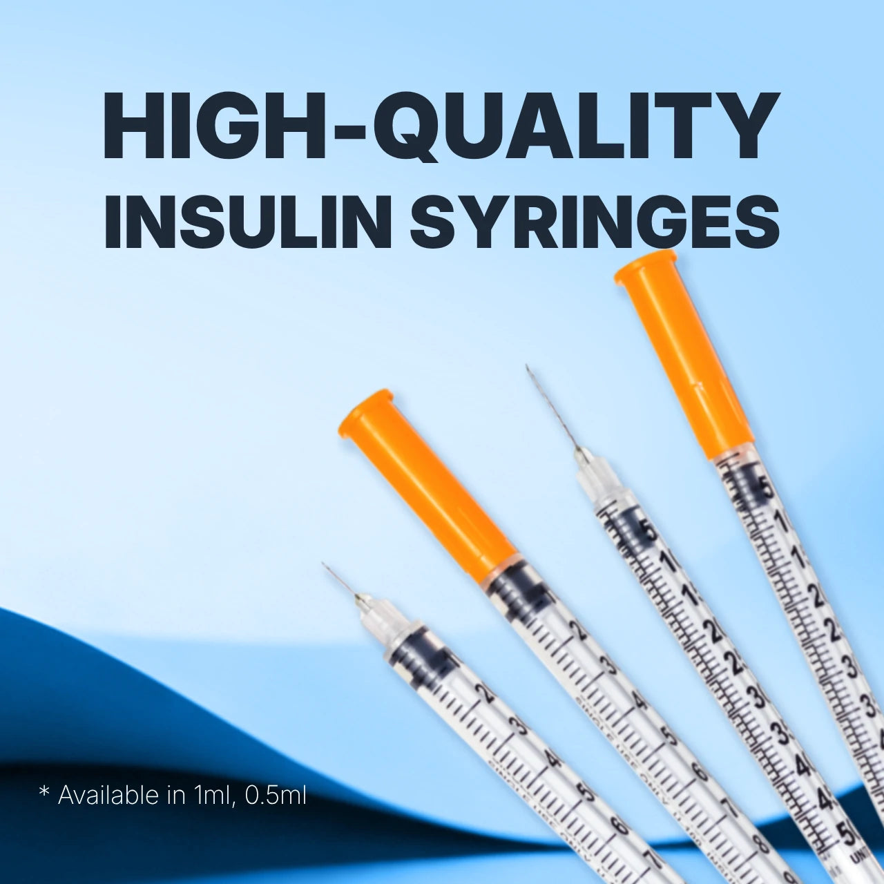 Set against a blue background are three insulin syringes with orange caps, accompanied by the text "High-Quality Insulin Syringes." Sensifine insulin syringes are available in a choice of 1ml and 0.5ml capacities.