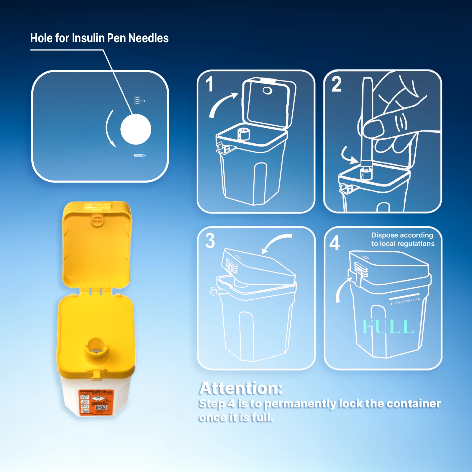 Sensifine sharps container (0.2 L) with one-handed twist-off lid and instructions for use label.
