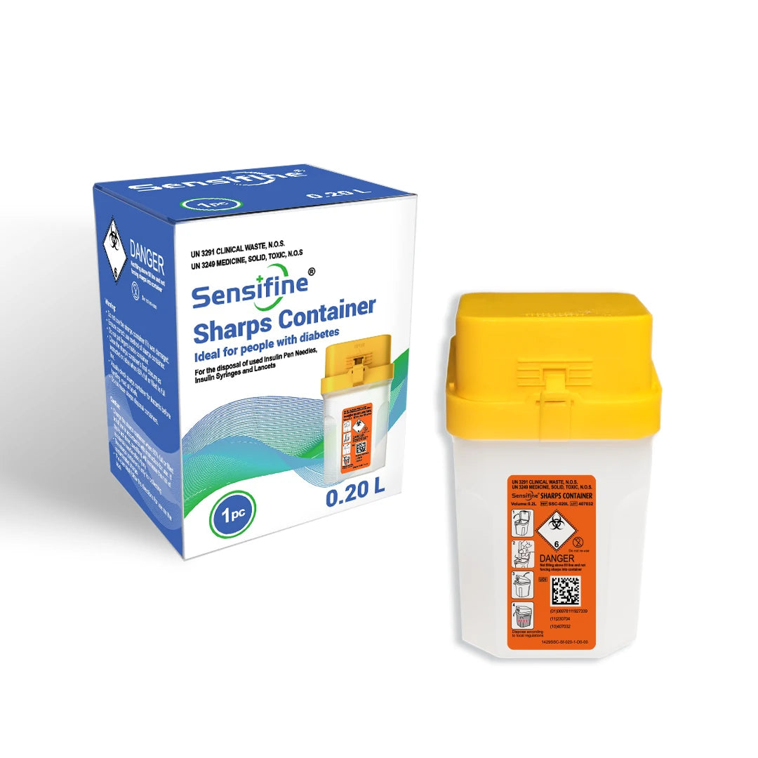 The Sensifine 0.2L sharps container is safe and reliable; its compact design makes it ideal for travel, boosting confidence in diabetes care.