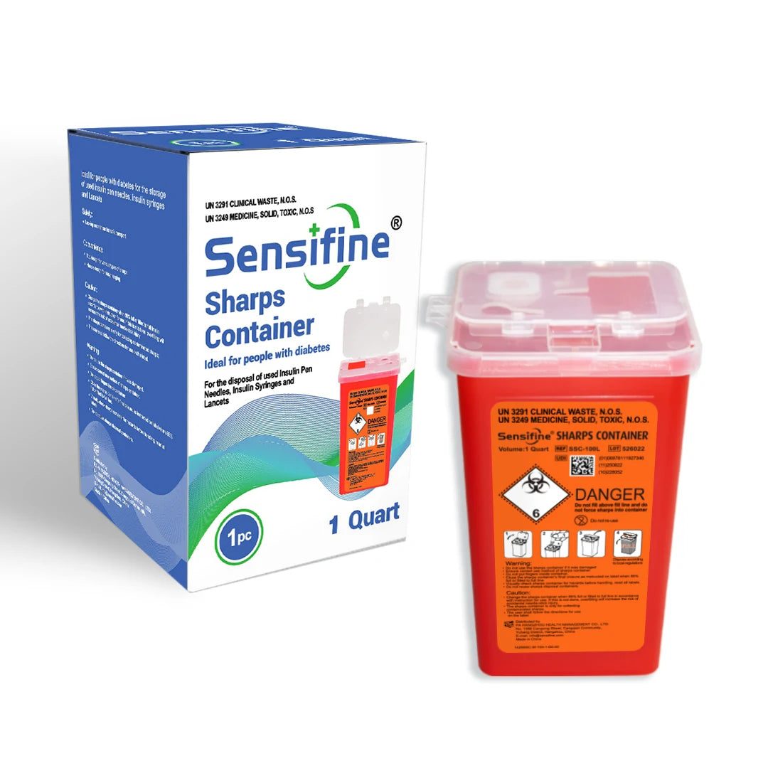 Sensifine Sharps Container, 1 Quart, is designed for the disposal of sharps during diabetes care. Meets FDA and CE guidelines