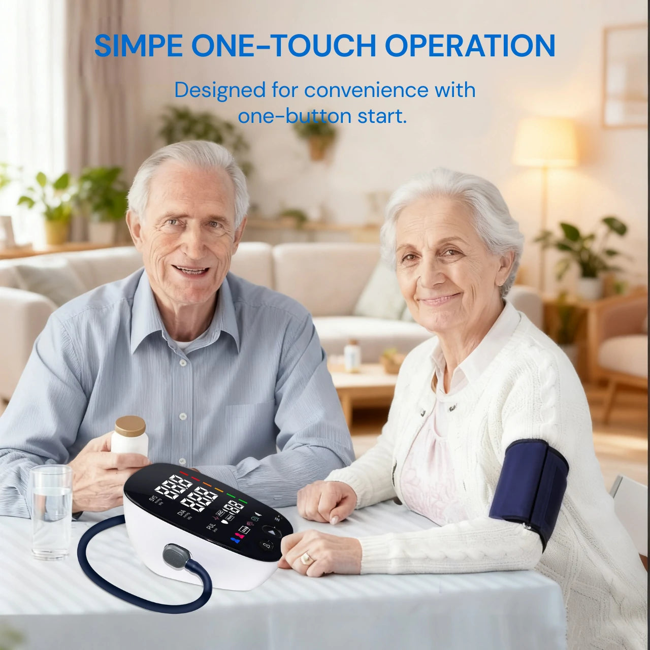 Simple one-touch operation of the Sensifine upper arm monitor with a large, easy-to-press start button for effortless use.