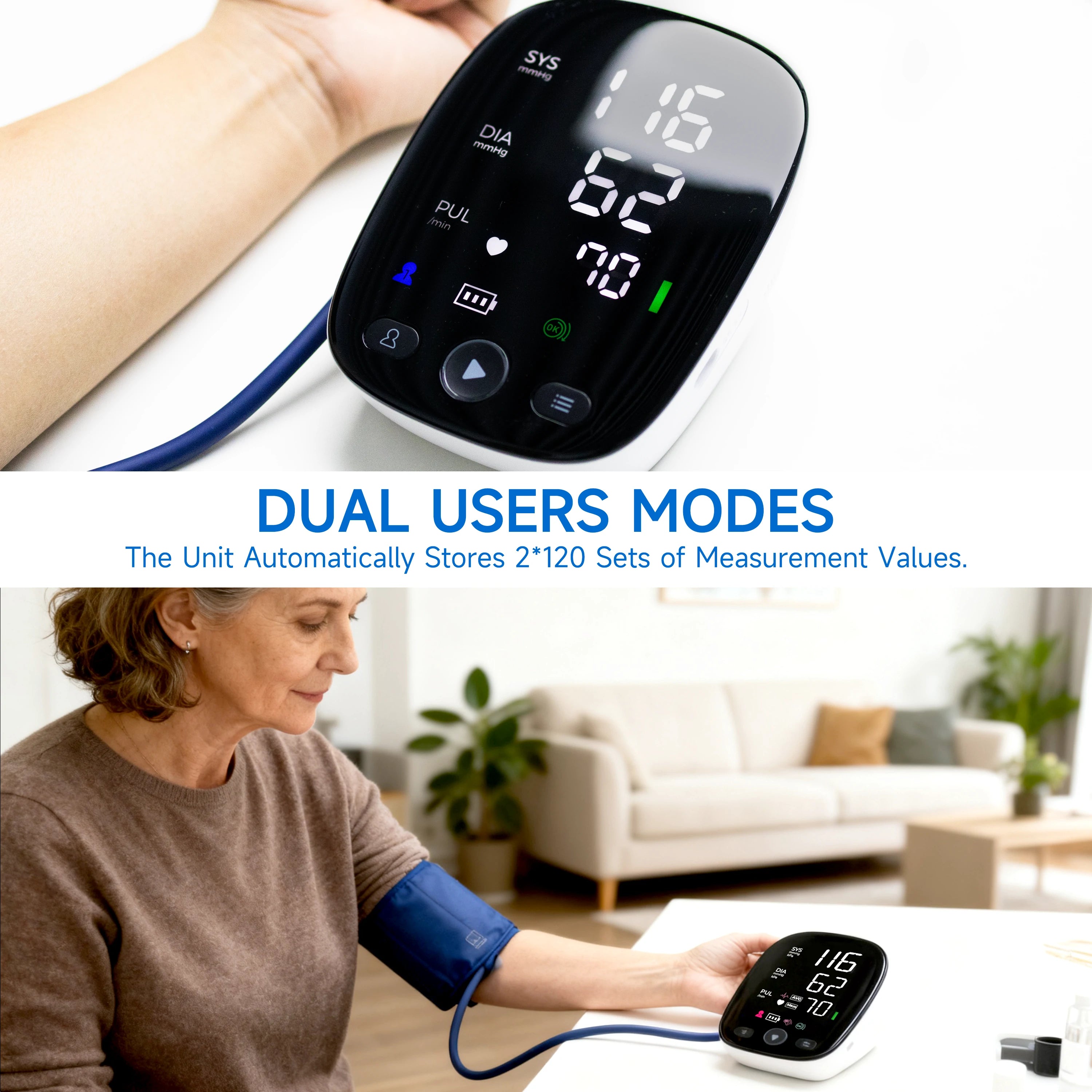 Dual user mode on the Sensifine blood pressure monitor storing up to 199 history readings per person for consistent tracking