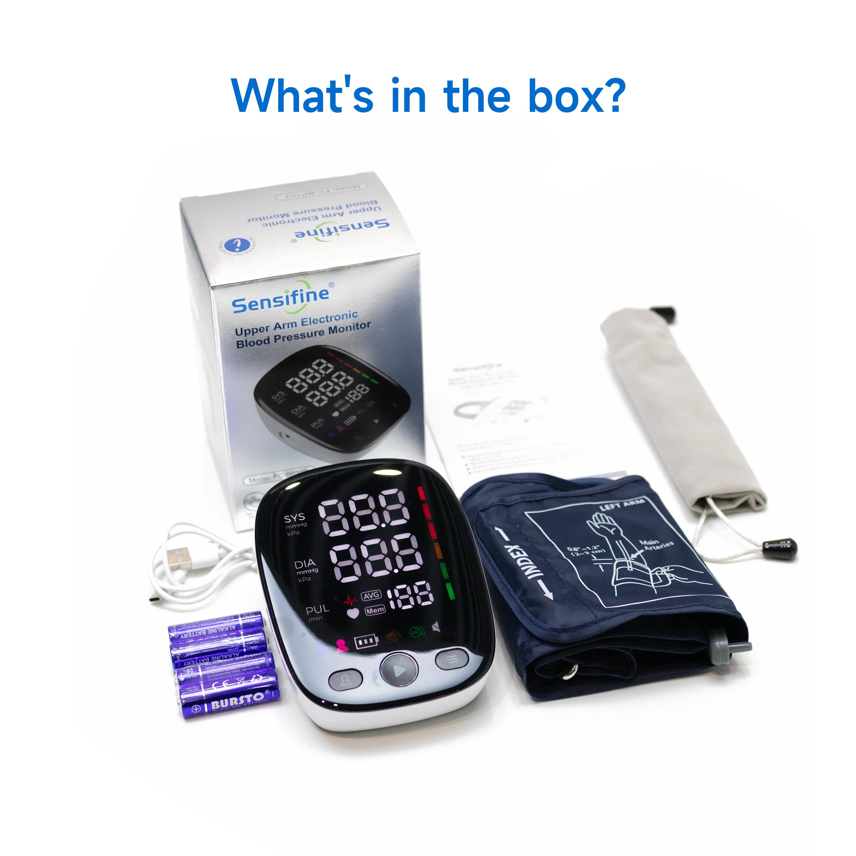 The box contains a Sensifine Upper Arm Electronic Blood Pressure Monitor, a set of AAAA batteries, an instruction manual, a USB charging cable, and a storage pouch.