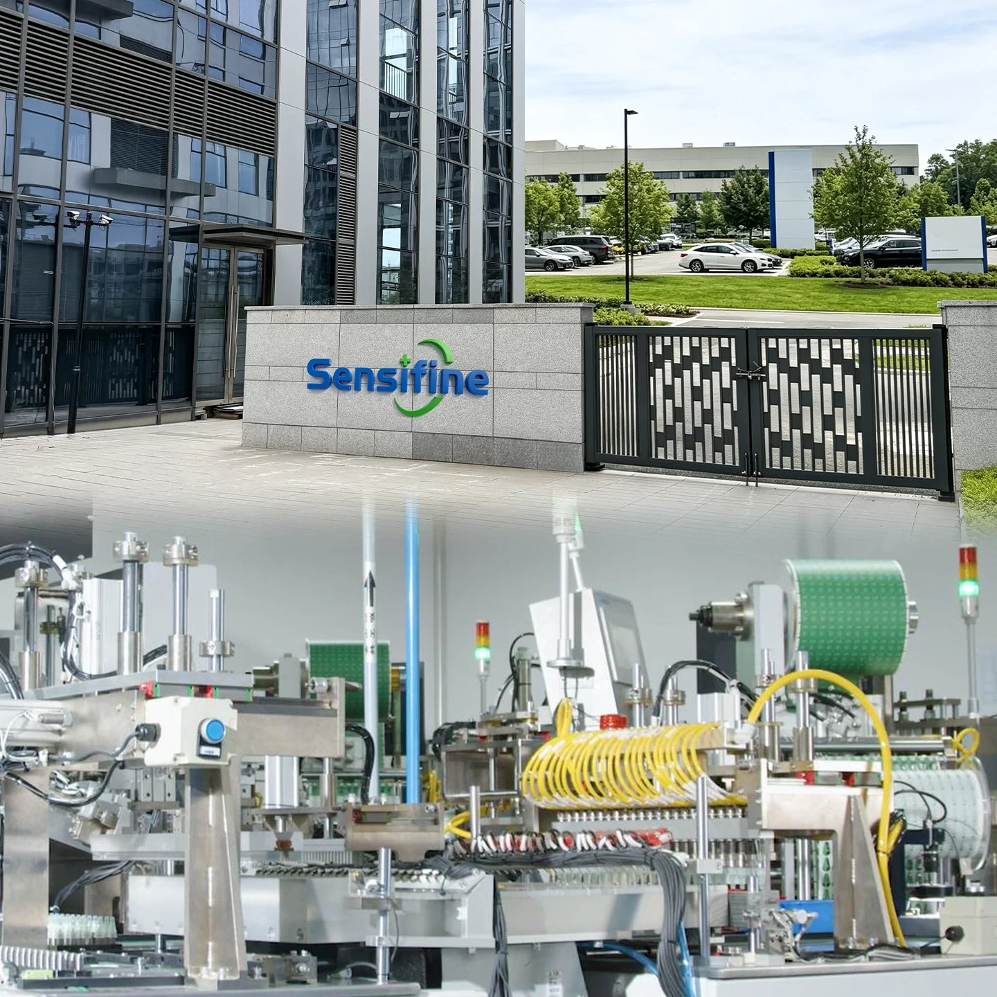 The top part of the image shows the side entrance of Sensifine Diabetes Supplies, while the bottom part shows the company's machinery