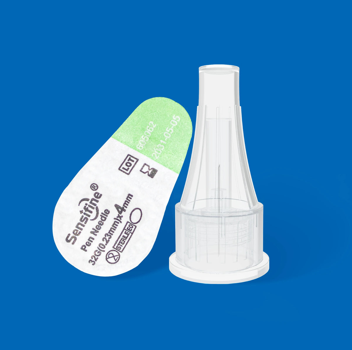Sensifine 32G 4mm insulin pen needles featuring a 3-facet tip design; sterile and for single use, compatible with standard insulin pens and GLP-1 pens. Buy online now.